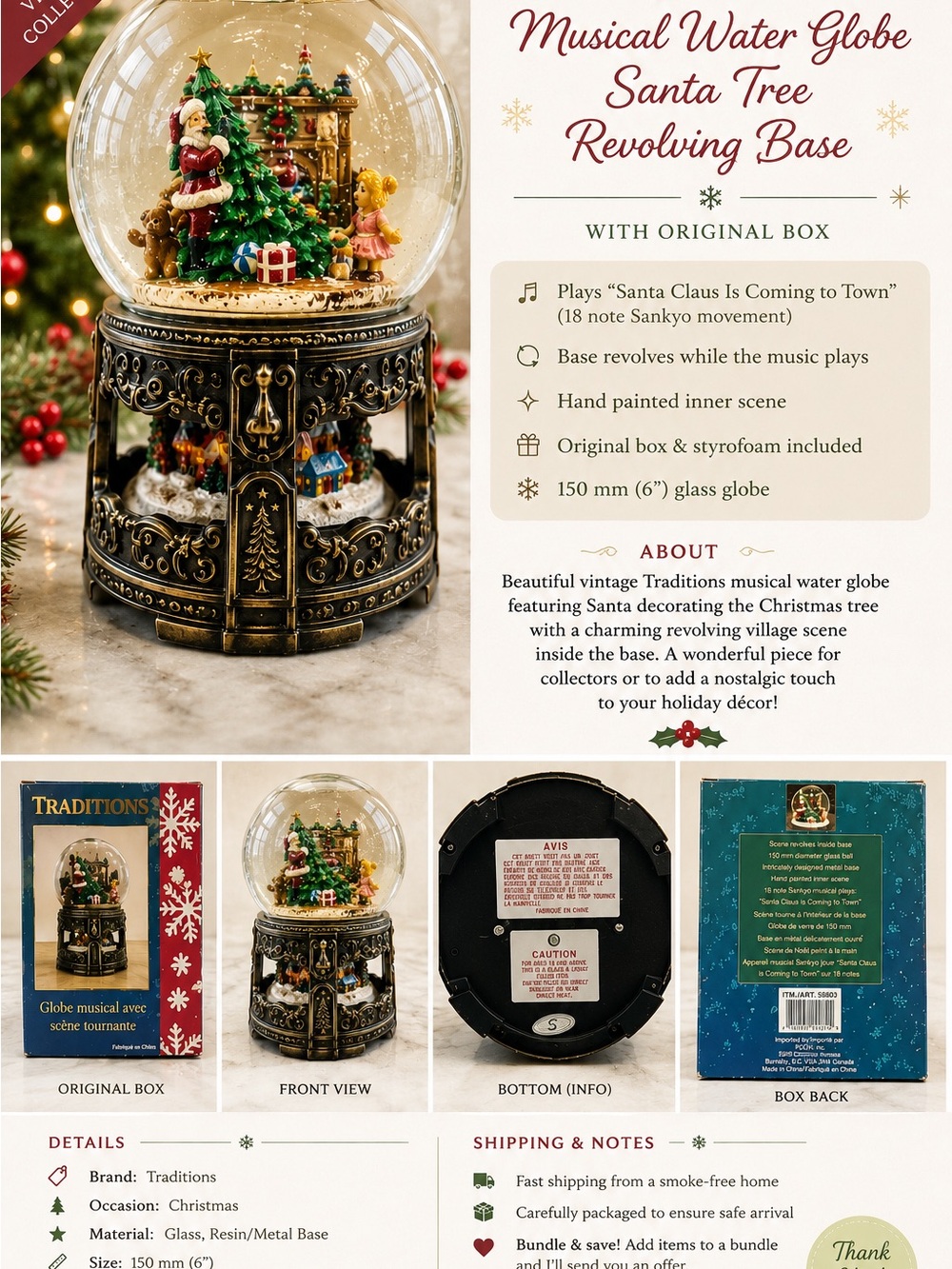 Musical Santa Tree Water Globe – Gold and Green